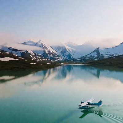Seaplane taxiing on turquoise mountain lake