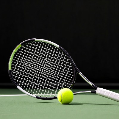 Tennis racket and ball on court