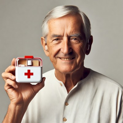 Elderly man holding first aid kit