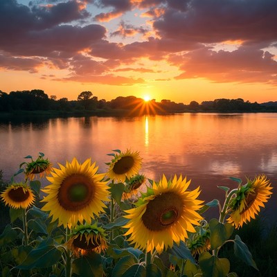 Sunflowers by lake at sunset