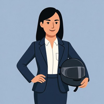 Asian woman holding helmet in suit
