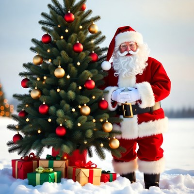 Santa Claus beside Christmas tree