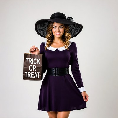 Woman in purple dress holding Trick or Treat bag