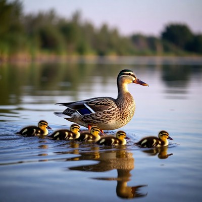 Mother Duck with Ducklings on River