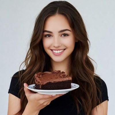 Woman holding chocolate cake slice