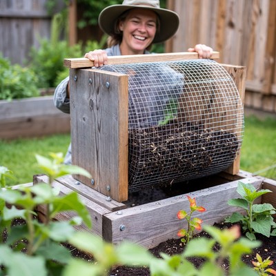 Smiling woman holding wooden compost tumbler