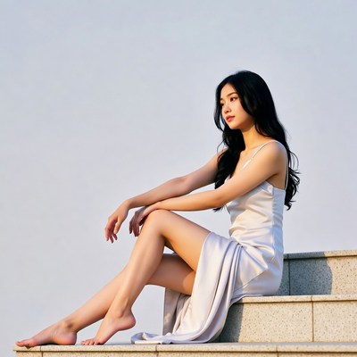 Asian woman in white dress on stairs