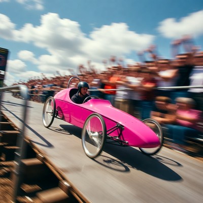 Man driving pink soapbox derby car