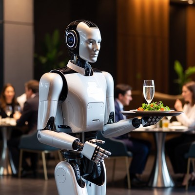 Robot waiter serving salad in restaurant