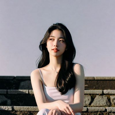 Asian woman sitting on stone stairs