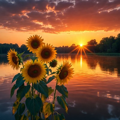 Sunflowers at Sunset by Lake