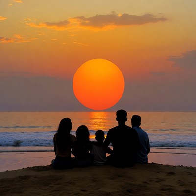 Family silhouette watching sunset beach