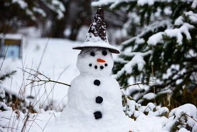 Snowman in snowy forest