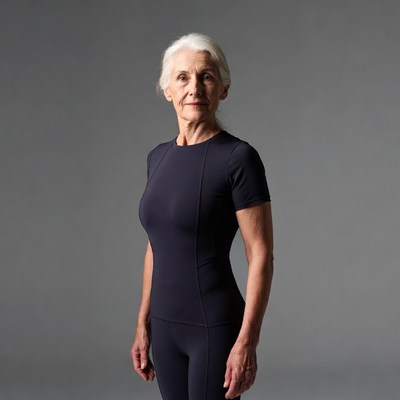 Elderly woman in navy yoga outfit