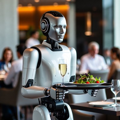 Robot waiter serving salad and champagne