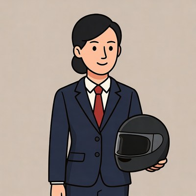 Asian woman in suit holding helmet