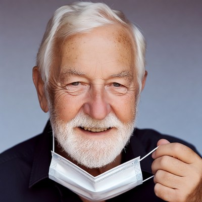 Elderly man holding white face mask