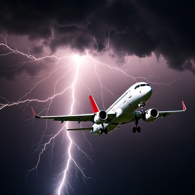 Airplane Flying Through Lightning Storm
