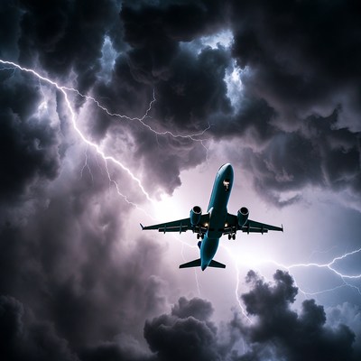 Airplane Flying Through Thunderstorm