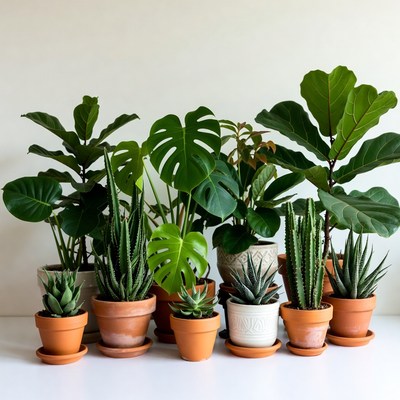 Assortment of houseplants in terracotta pots