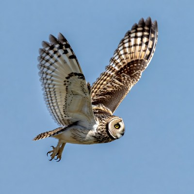 Short-eared Owl Flying in Blue Sky