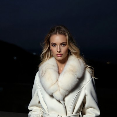 Blonde woman in white fur coat