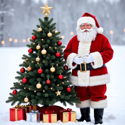 Santa Claus standing by Christmas tree