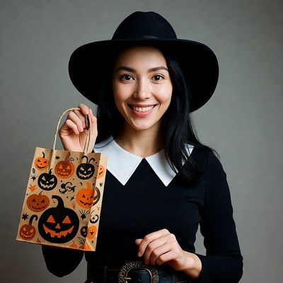 Asian woman holding Halloween pumpkin bag