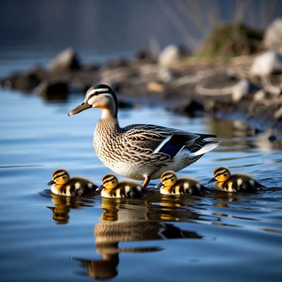 Mother Duck with Ducklings in Water