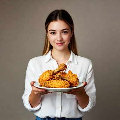 Woman holding fried chicken plate