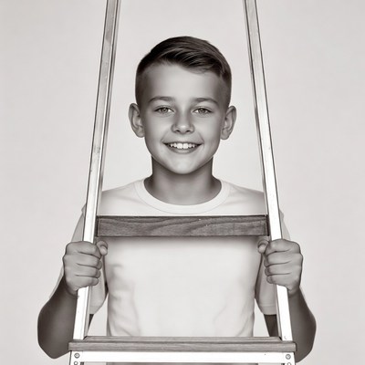 Boy smiling through ladder frame