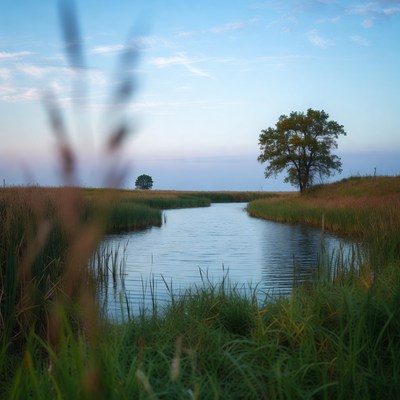 River winding through reeds and tree