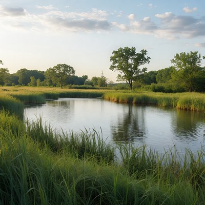 Serene River in Lush Green Meadow