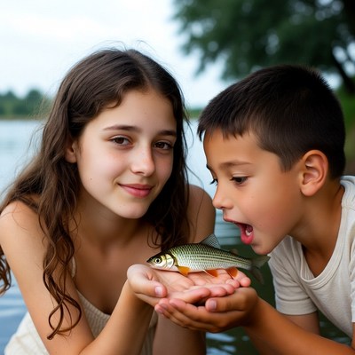 Girl and boy holding fish by lake