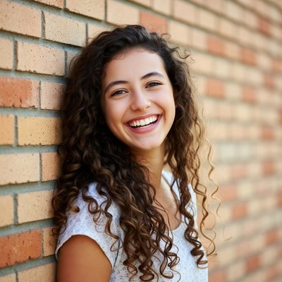 Smiling woman with curly hair against brick wall