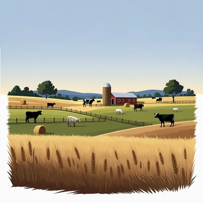 Cows grazing near red barn