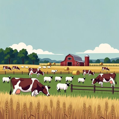 Cows and Sheep Near Red Barn