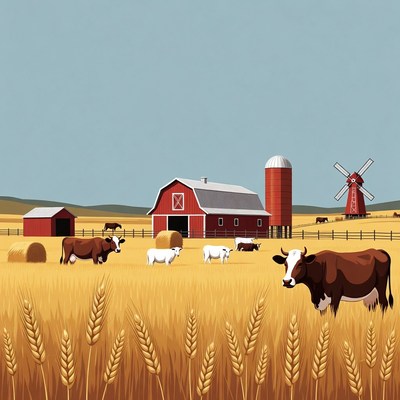 Cows near red barn in wheat field