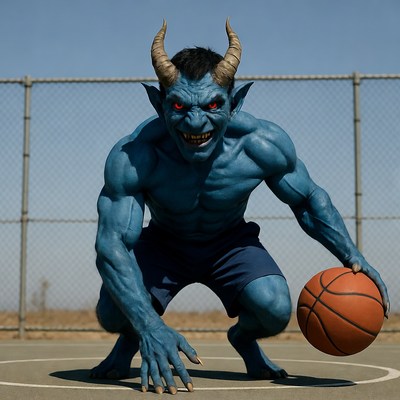 Blue muscular demon dunking basketball