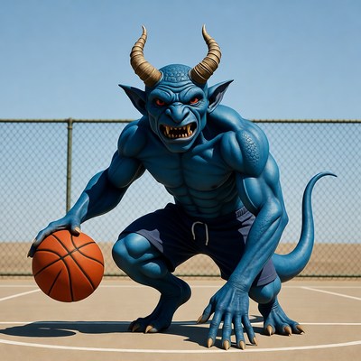 Blue demon goblin dunking basketball