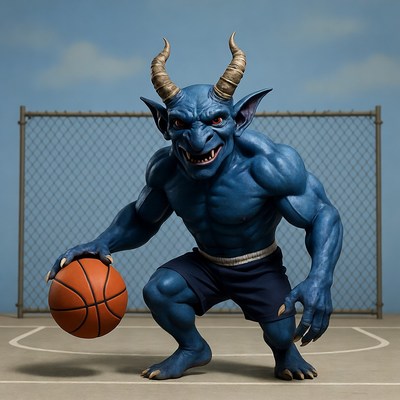 Blue muscular goblin holding basketball