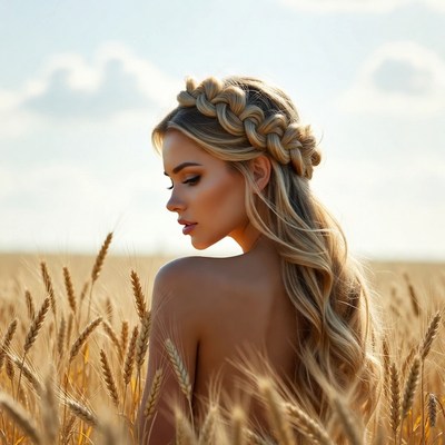 Blonde woman with braided hair in wheat field