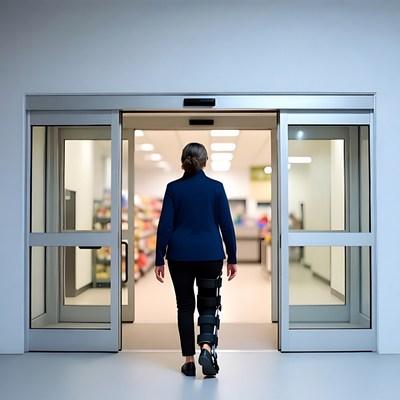 Woman with leg brace entering store