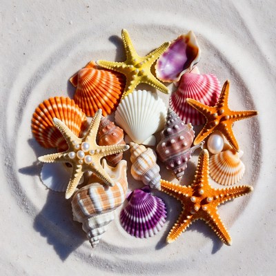 Colorful seashells and starfish on sand