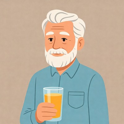 Elderly man holding glass of orange juice