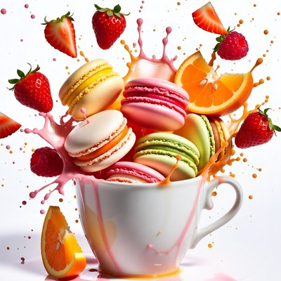 Colorful Macarons with Strawberry Milk Splash