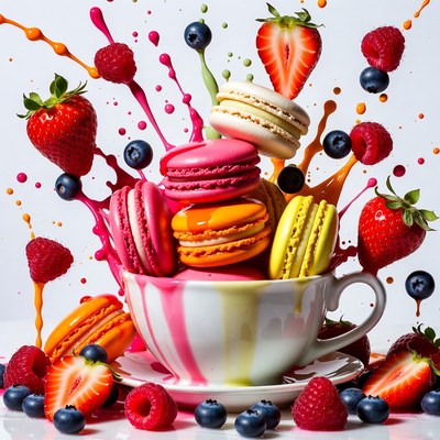 Colorful Macarons Strawberries Splashing Teacup