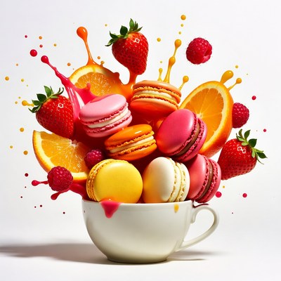 Colorful Macarons and Fruits in Cup