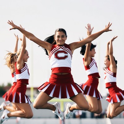 Cheerleader girls jumping on field