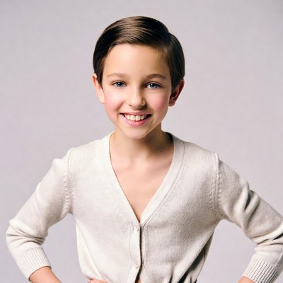 Smiling boy in white cardigan